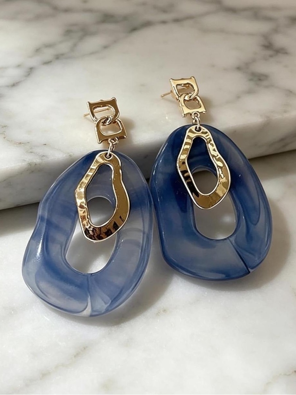 Anthropologie Gold & Blue Open Oval Drop Earrings